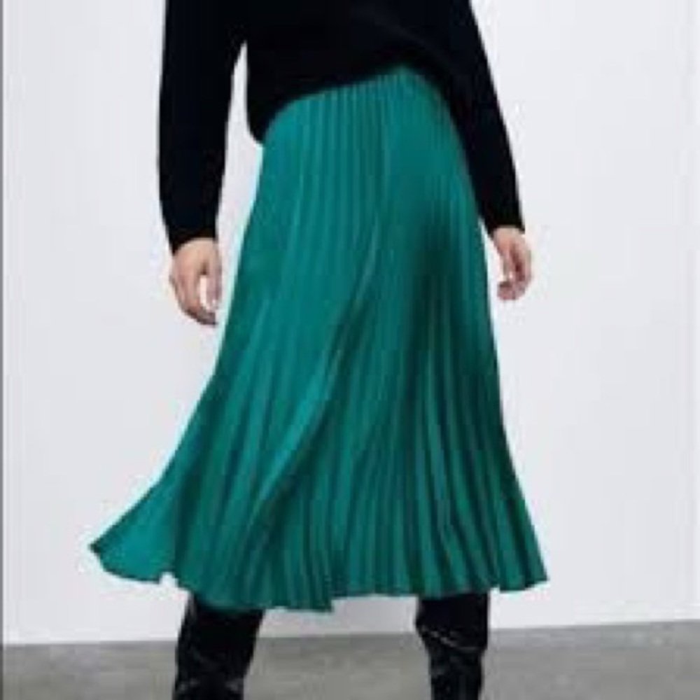 Zara Green-blue pleated midi skirt